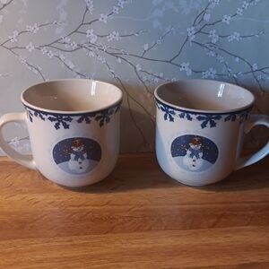 2 Snowmen Design Ceramic Christmas Discontinued Folkcraft Stoneware Mugs